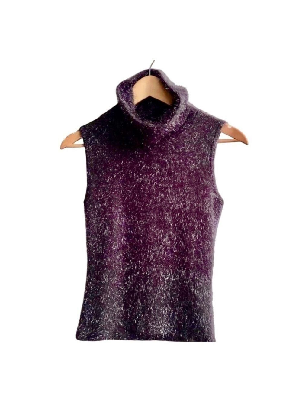 Sleeveless Funnel neck Holiday Party top w/metallic details fuzzy sz small